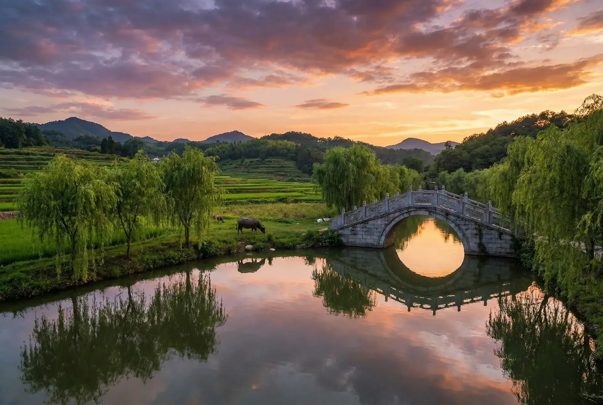 夕阳下的石拱桥与垂柳，水牛在河边吃草 - 色小姐电影qvod播放 乡村美景